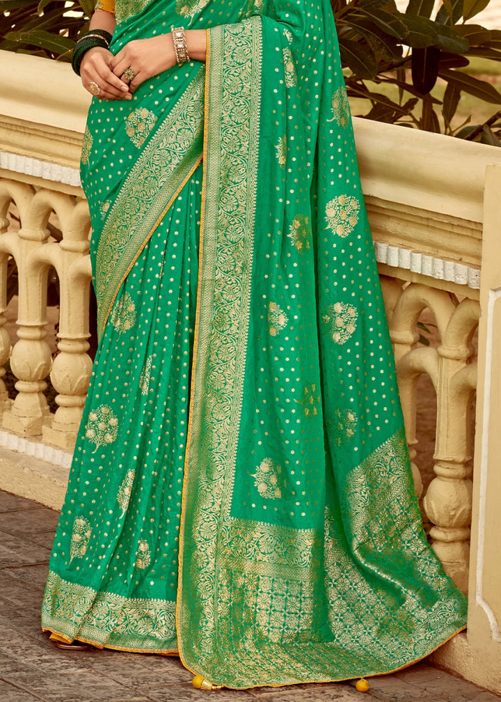 Jade Green Dola Silk Saree with Intricate Weaving & Embroidered Blouse - House of Sarvati LLC