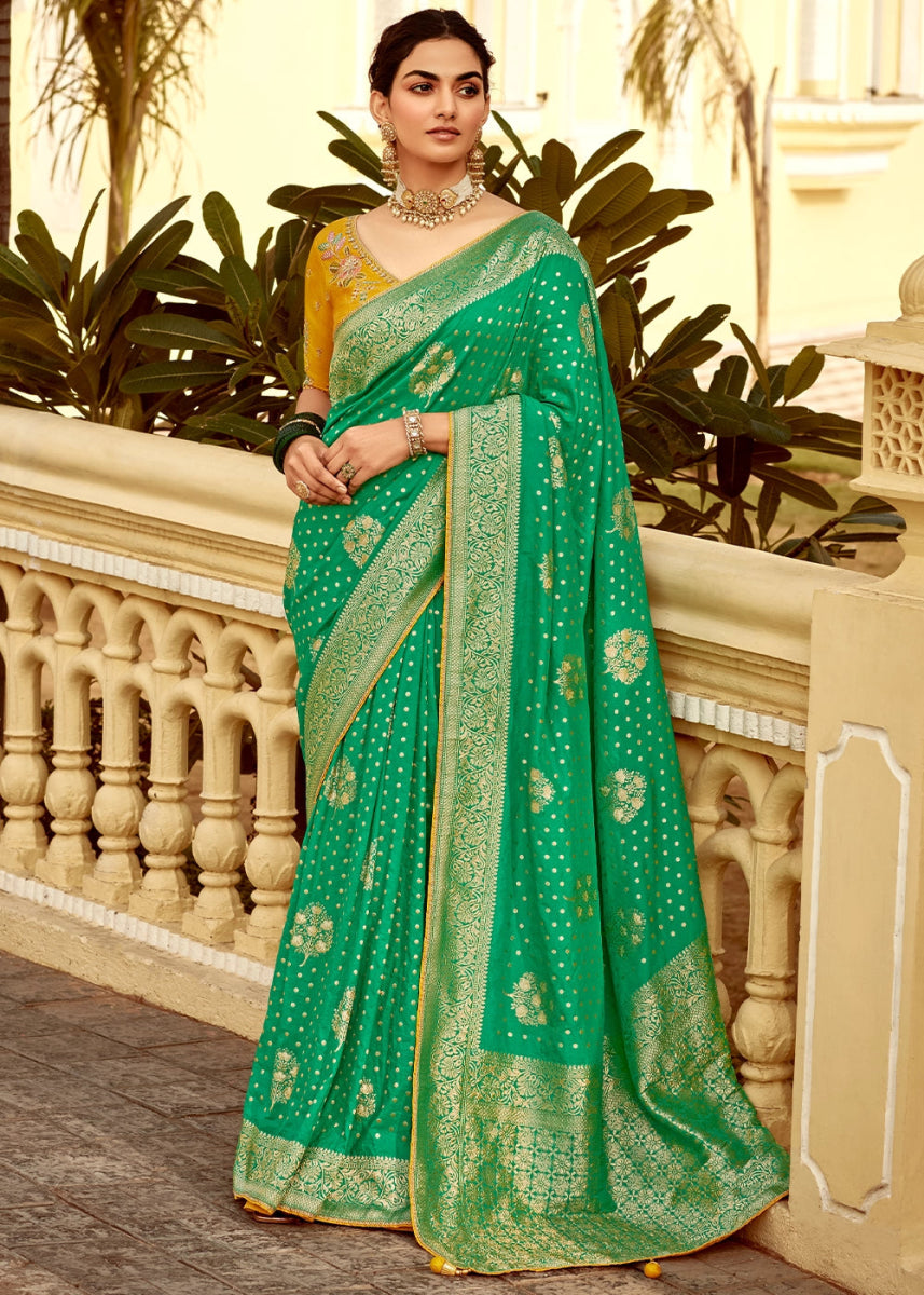 Jade Green Dola Silk Saree with Intricate Weaving & Embroidered Blouse - House of Sarvati LLC