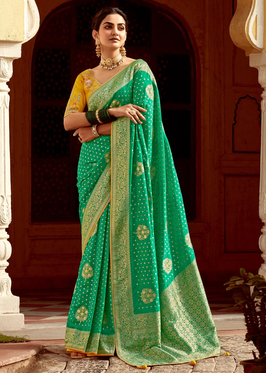 Jade Green Dola Silk Saree with Intricate Weaving & Embroidered Blouse - House of Sarvati LLC