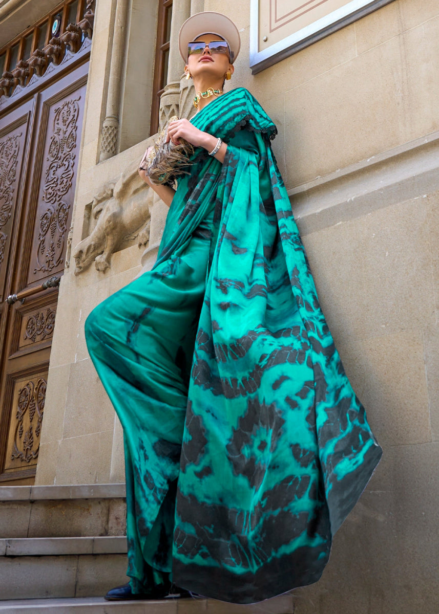 Jade Green Lightweight Printed Saree in Satin Crepe - House of Sarvati LLC