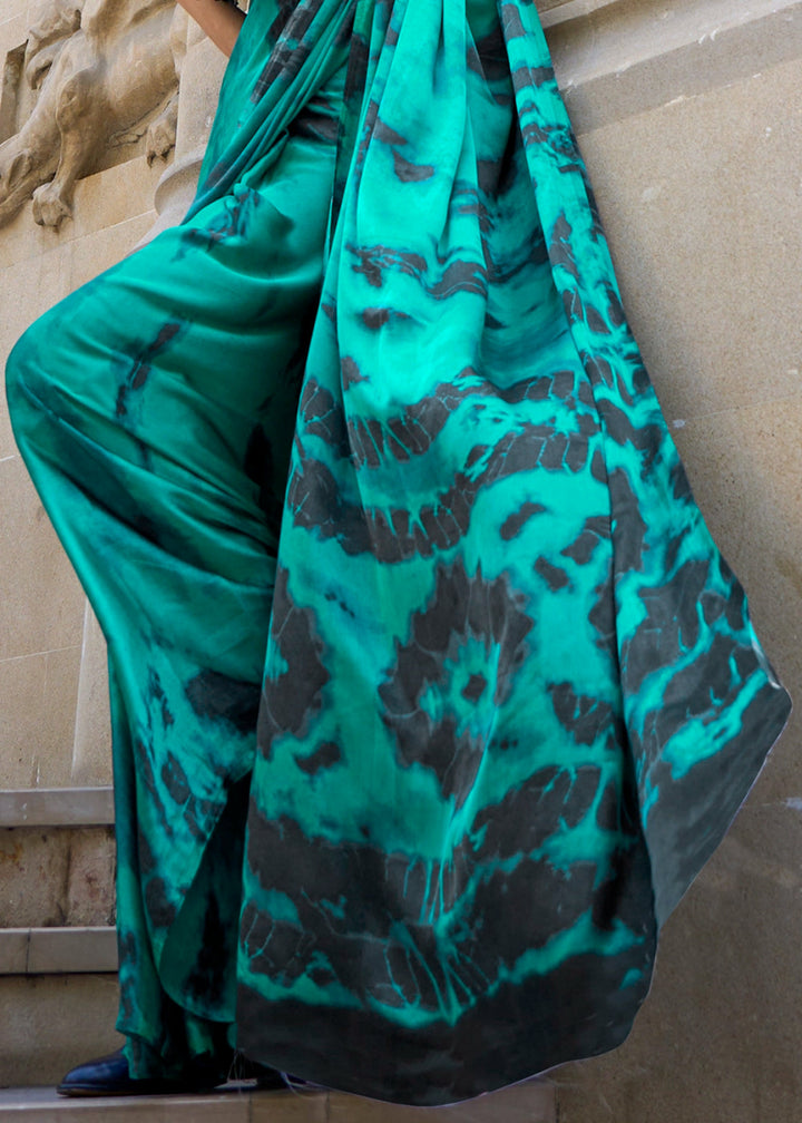 Jade Green Lightweight Printed Saree in Satin Crepe - House of Sarvati LLC
