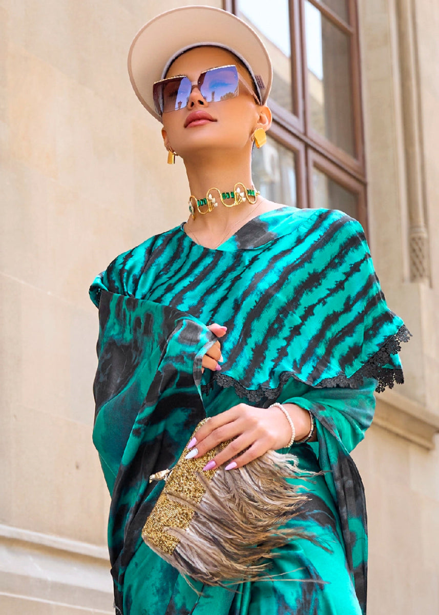 Jade Green Lightweight Printed Saree in Satin Crepe - House of Sarvati LLC