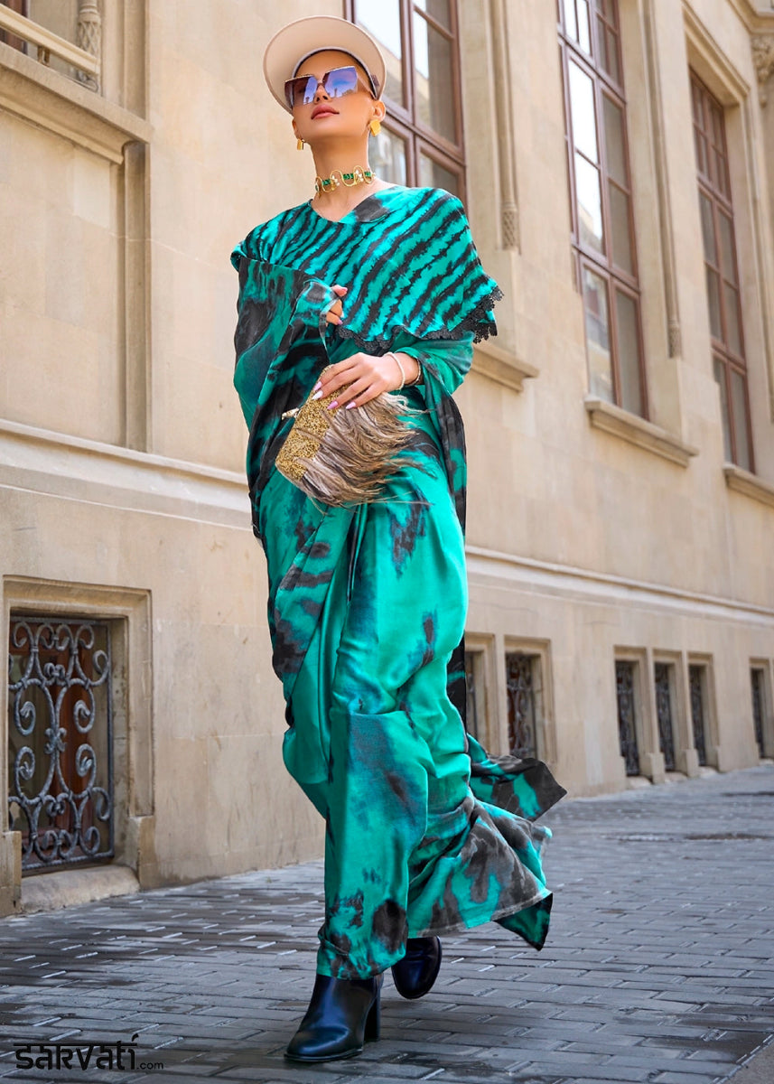 Jade Green Lightweight Printed Saree in Satin Crepe - House of Sarvati LLC