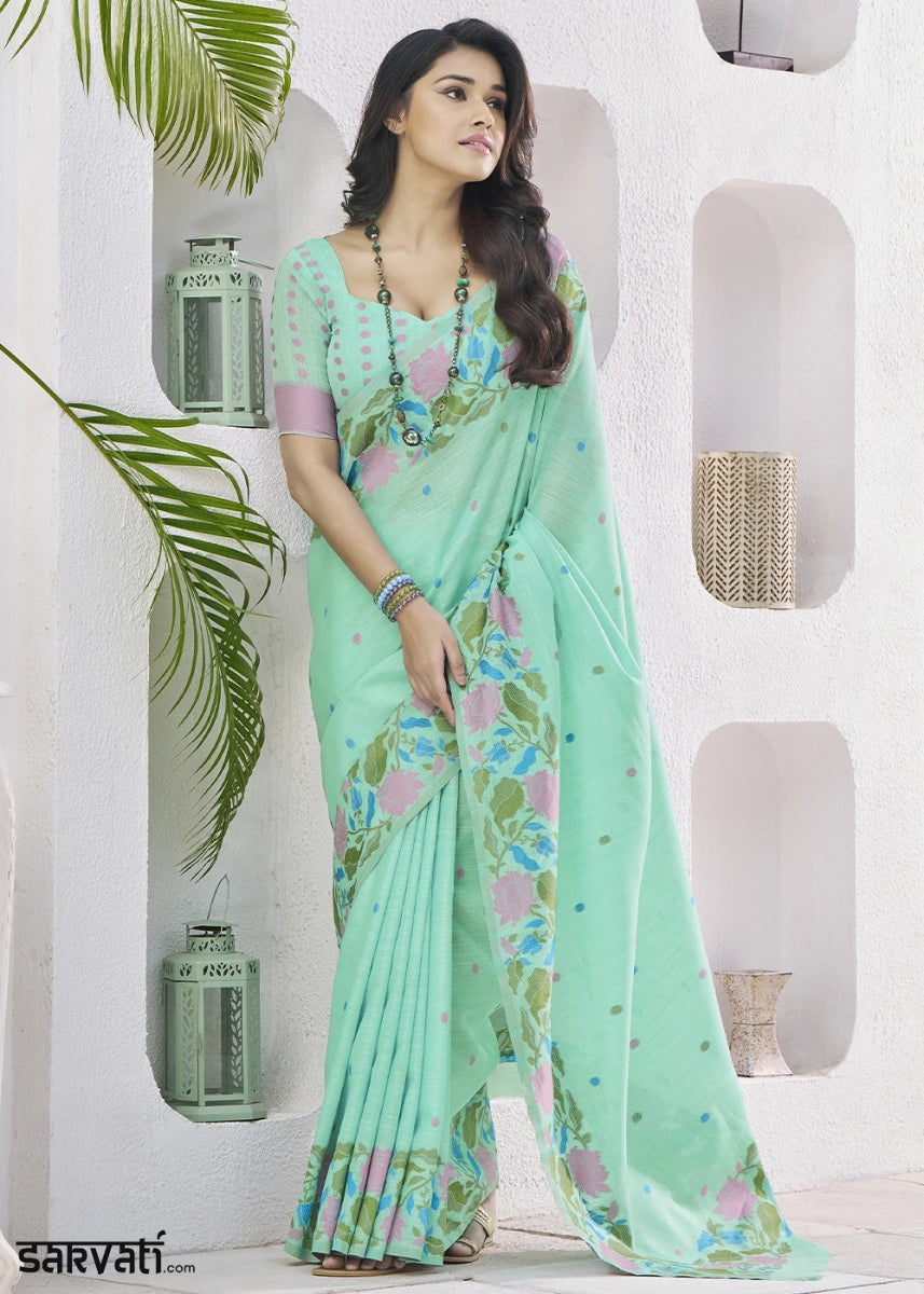 Jade Green Linen Silk Saree with Delicate Floral Designs - House of Sarvati LLC
