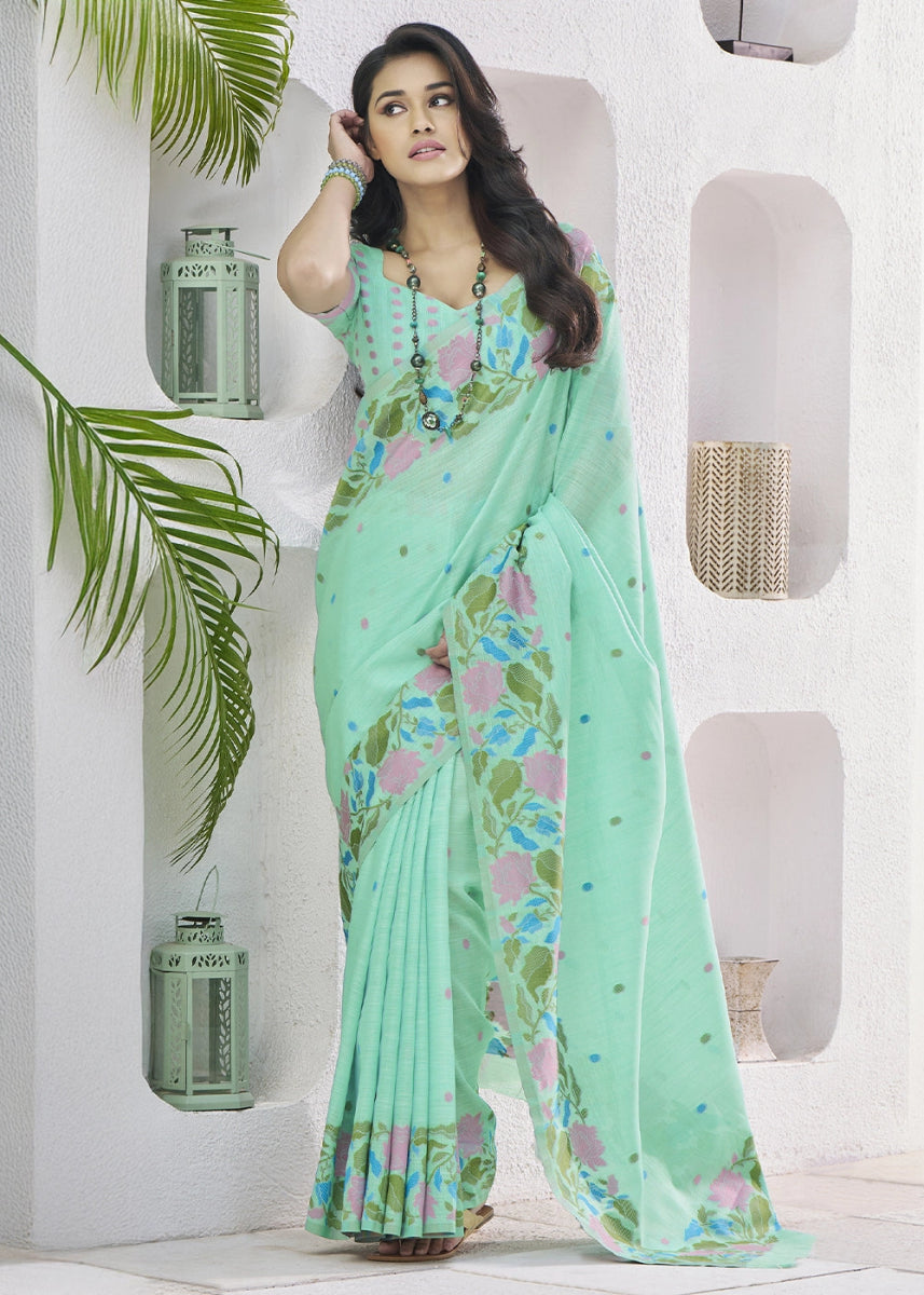 Jade Green Linen Silk Saree with Delicate Floral Designs - House of Sarvati LLC