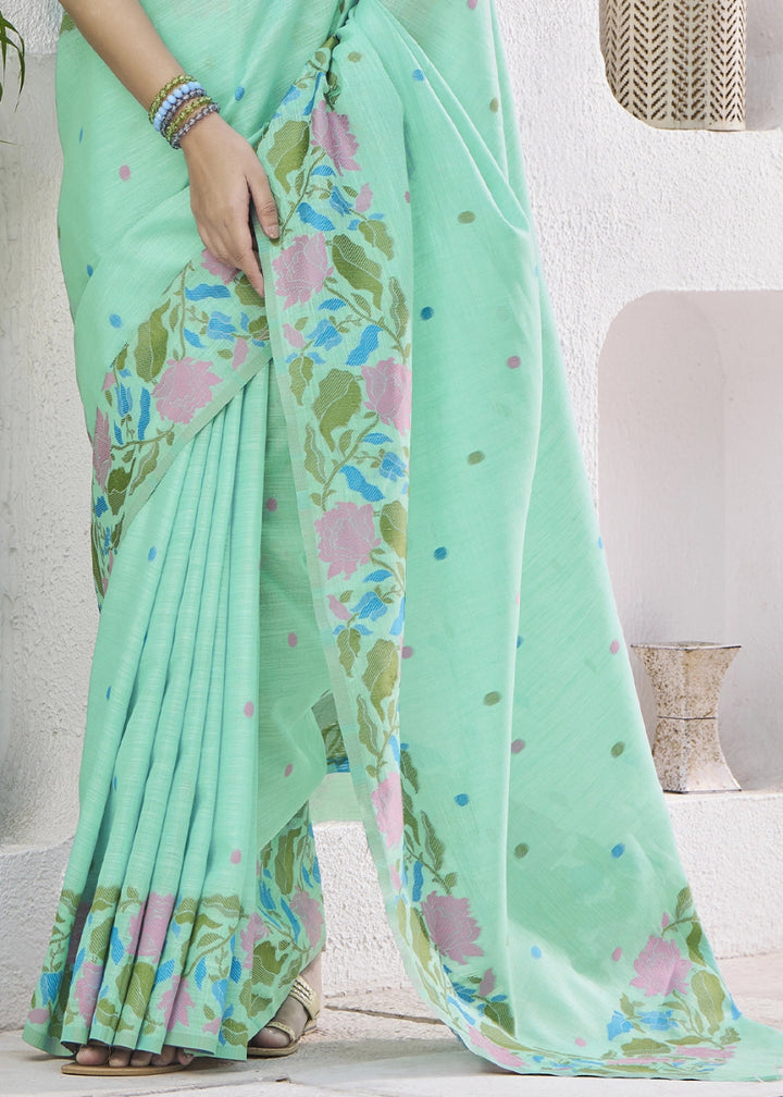Jade Green Linen Silk Saree with Delicate Floral Designs - House of Sarvati LLC
