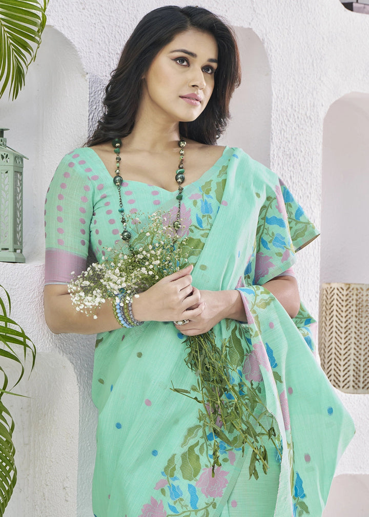 Jade Green Linen Silk Saree with Delicate Floral Designs - House of Sarvati LLC