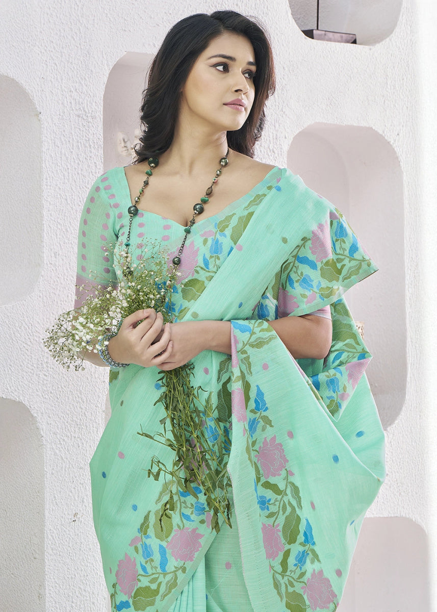 Jade Green Linen Silk Saree with Delicate Floral Designs - House of Sarvati LLC