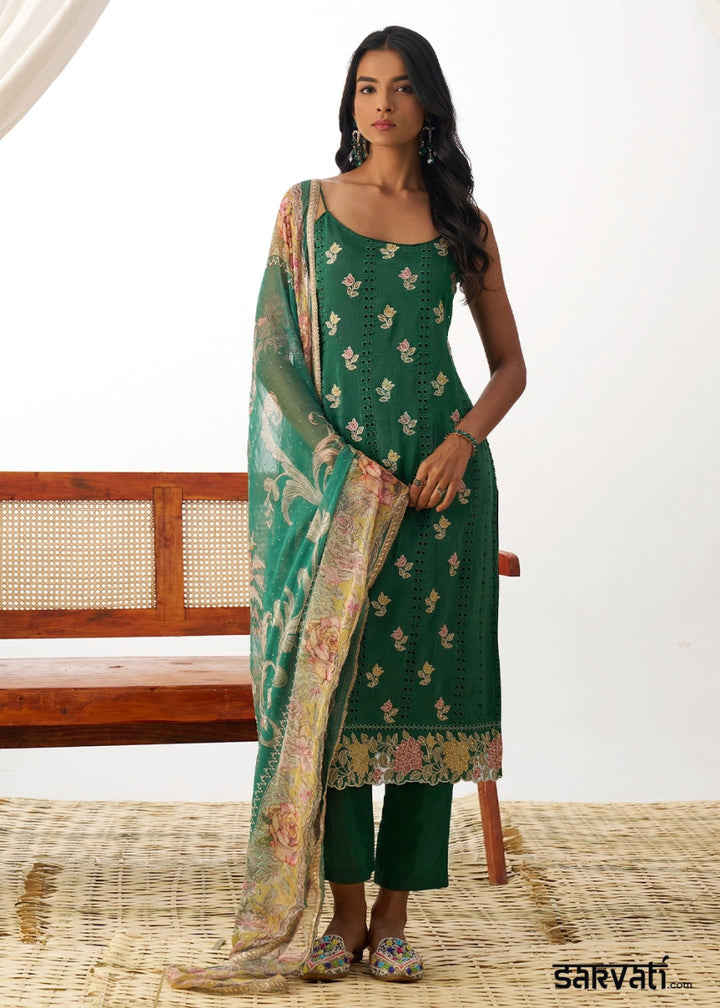 Jade Green Organza Salwar Suit with Floral Embroidery work - House of Sarvati LLC