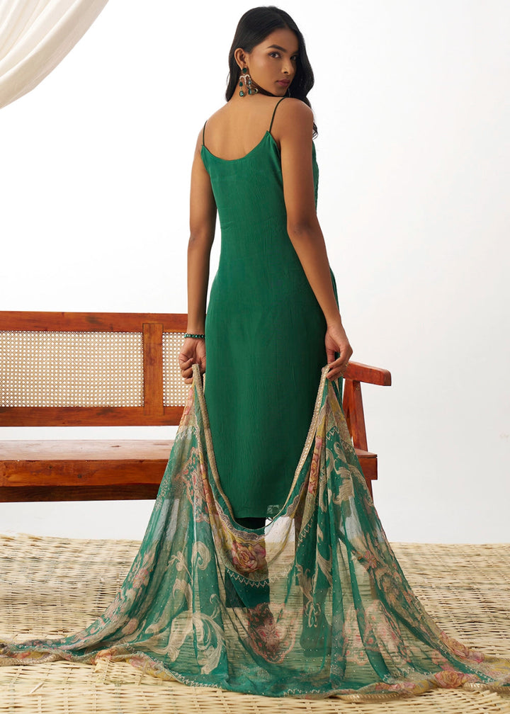 Jade Green Organza Salwar Suit with Floral Embroidery work - House of Sarvati LLC