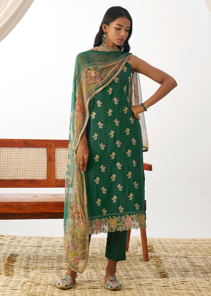 Jade Green Organza Salwar Suit with Floral Embroidery work - House of Sarvati LLC