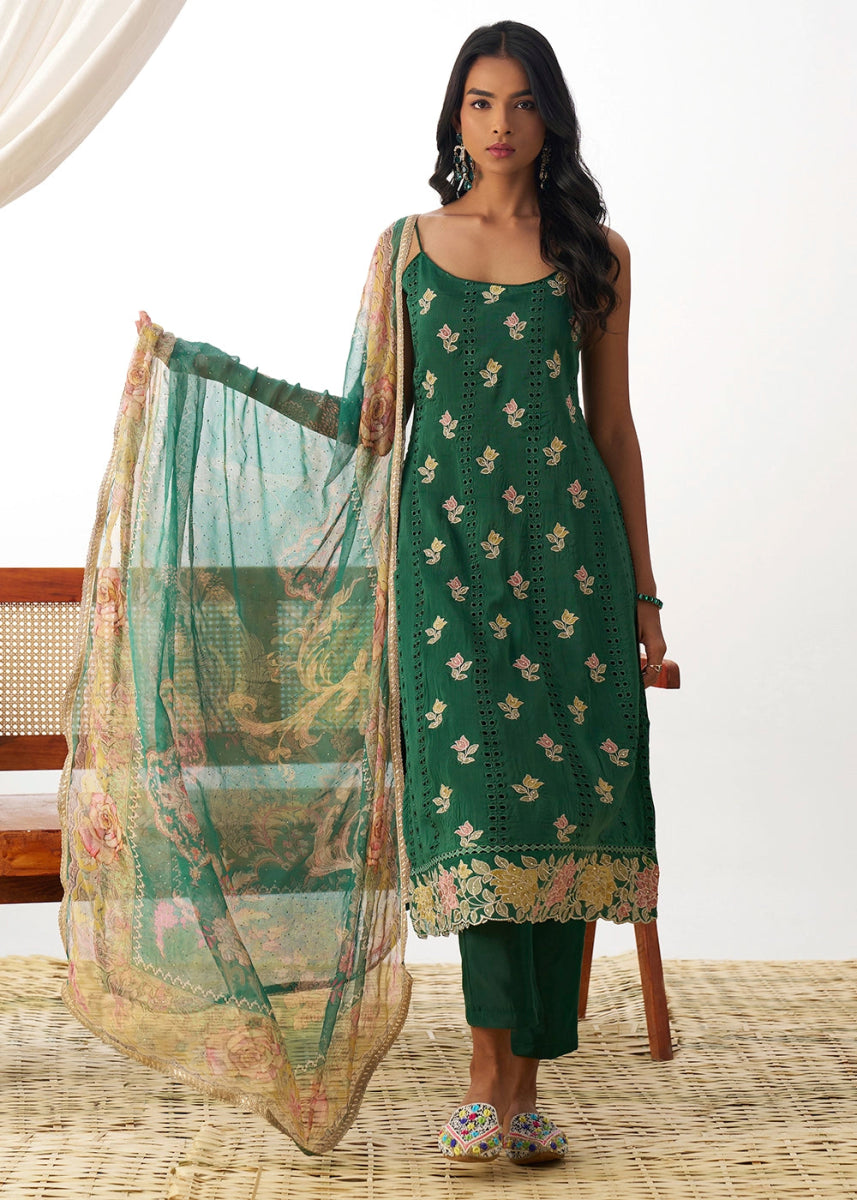 Jade Green Organza Salwar Suit with Floral Embroidery work - House of Sarvati LLC