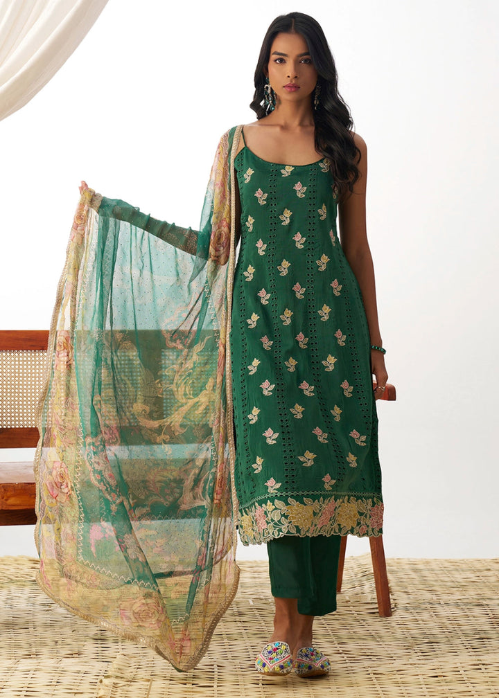 Jade Green Organza Salwar Suit with Floral Embroidery work - House of Sarvati LLC