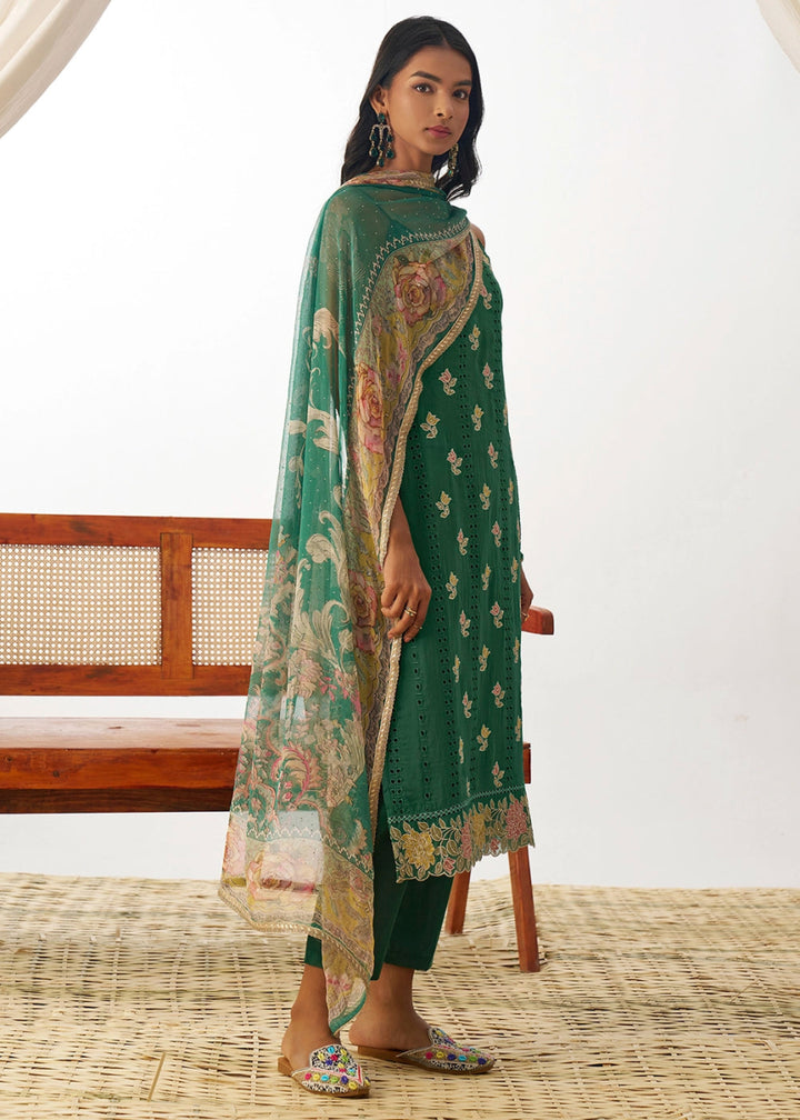Jade Green Organza Salwar Suit with Floral Embroidery work - House of Sarvati LLC