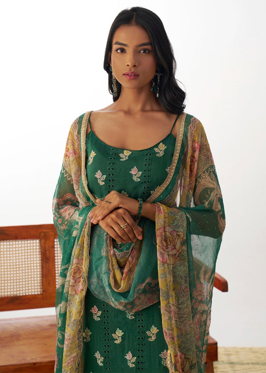 Jade Green Organza Salwar Suit with Floral Embroidery work - House of Sarvati LLC