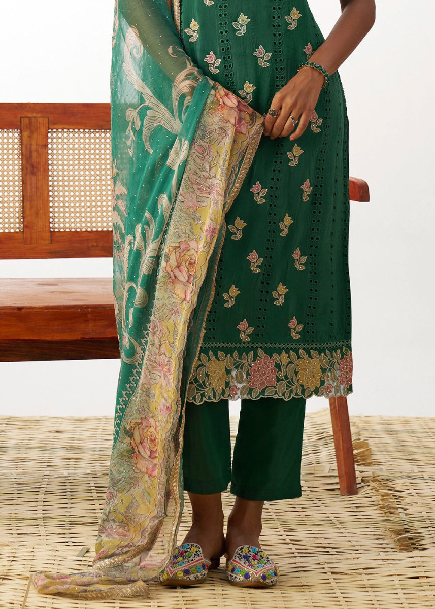 Jade Green Organza Salwar Suit with Floral Embroidery work - House of Sarvati LLC