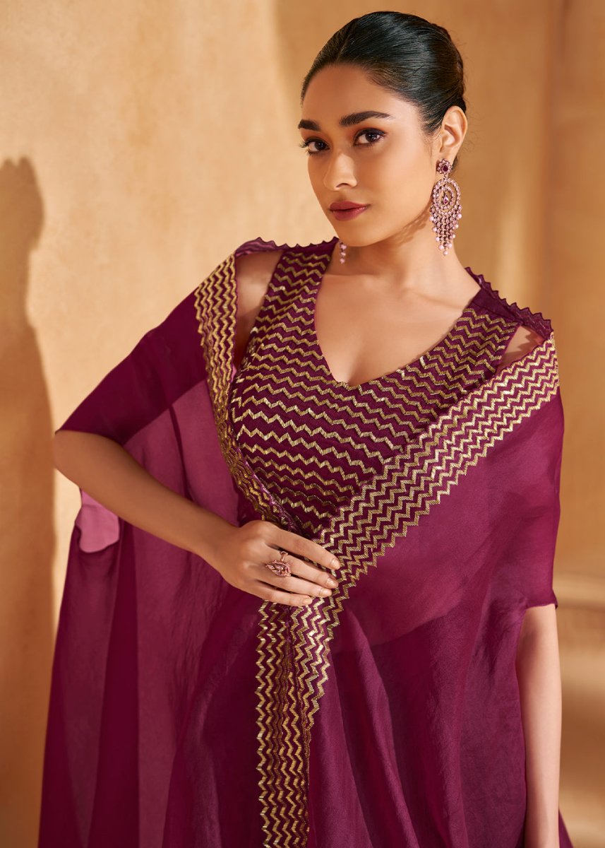 Jam Purple Chinon Silk Top & Skirt Set with Elegant Embroidered Jacket - House of Sarvati LLC