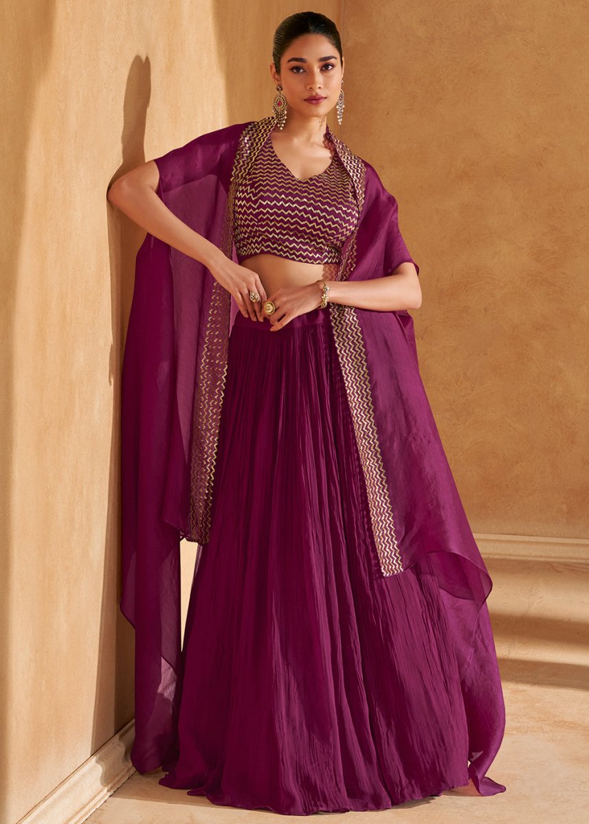Jam Purple Chinon Silk Top & Skirt Set with Elegant Embroidered Jacket - House of Sarvati LLC