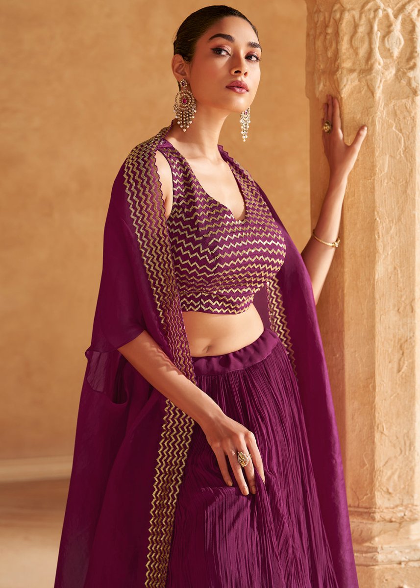 Jam Purple Chinon Silk Top & Skirt Set with Elegant Embroidered Jacket - House of Sarvati LLC