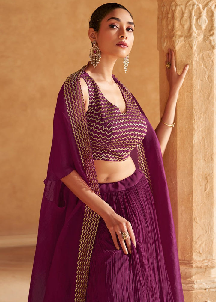 Jam Purple Chinon Silk Top & Skirt Set with Elegant Embroidered Jacket - House of Sarvati LLC
