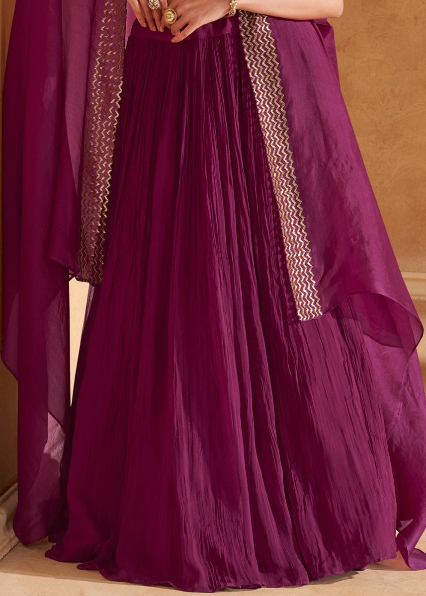Jam Purple Chinon Silk Top & Skirt Set with Elegant Embroidered Jacket - House of Sarvati LLC