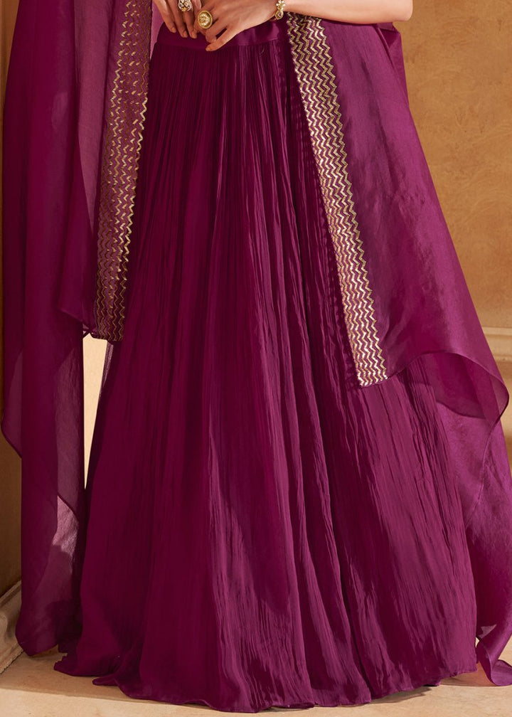 Jam Purple Chinon Silk Top & Skirt Set with Elegant Embroidered Jacket - House of Sarvati LLC