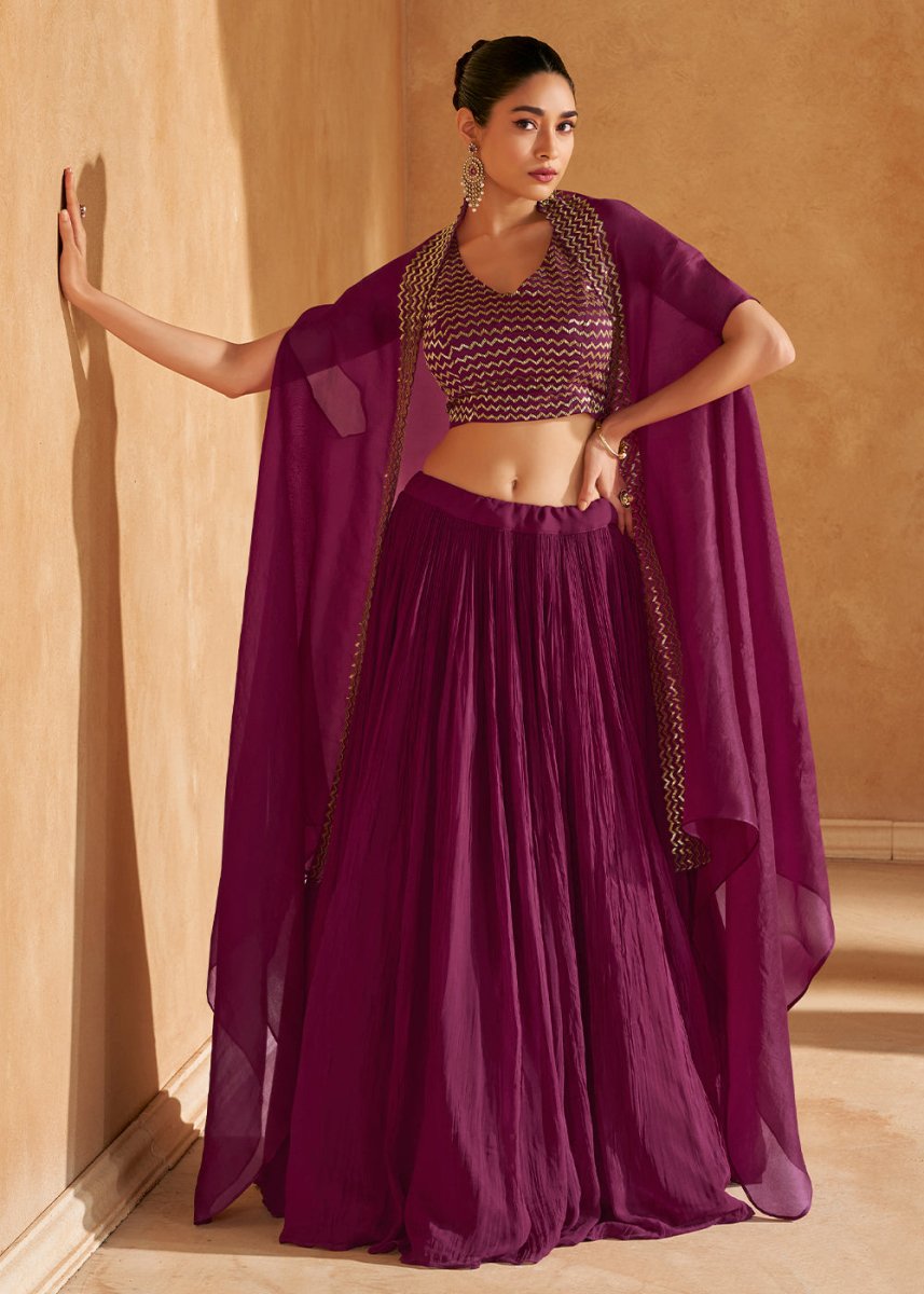 Jam Purple Chinon Silk Top & Skirt Set with Elegant Embroidered Jacket - House of Sarvati LLC