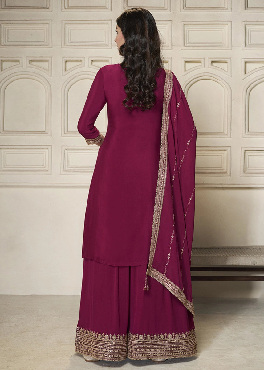 Jam Purple Embroidered Sharara Suit in Chinon Silk with Jacquard Buttis - House of Sarvati LLC