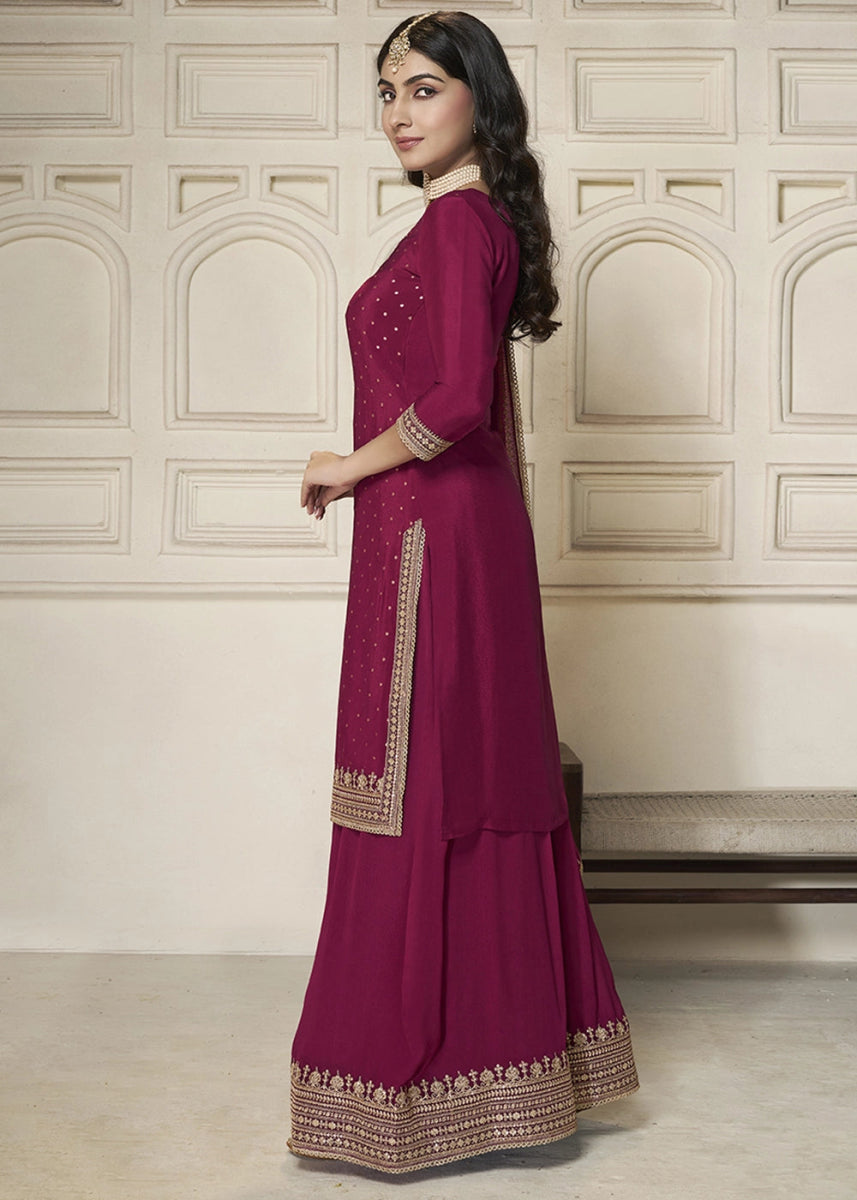 Jam Purple Embroidered Sharara Suit in Chinon Silk with Jacquard Buttis - House of Sarvati LLC