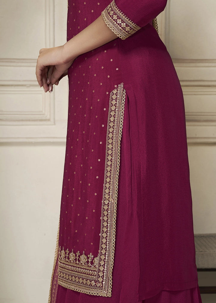 Jam Purple Embroidered Sharara Suit in Chinon Silk with Jacquard Buttis - House of Sarvati LLC