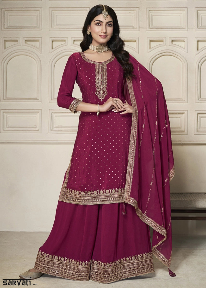 Jam Purple Embroidered Sharara Suit in Chinon Silk with Jacquard Buttis - House of Sarvati LLC