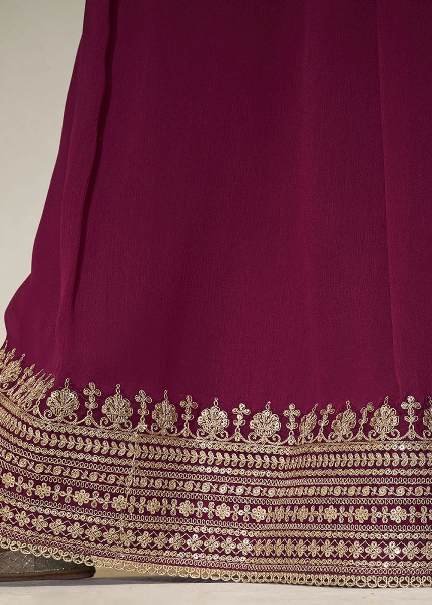 Jam Purple Embroidered Sharara Suit in Chinon Silk with Jacquard Buttis - House of Sarvati LLC