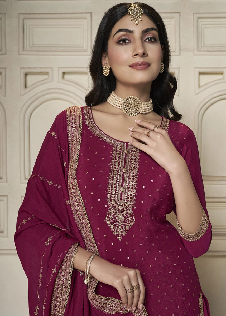 Jam Purple Embroidered Sharara Suit in Chinon Silk with Jacquard Buttis - House of Sarvati LLC