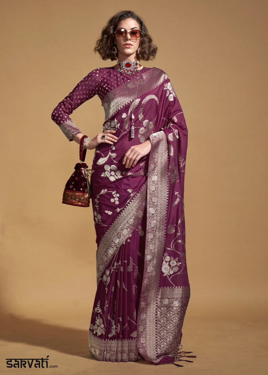 Jam Purple Georgette Silk Saree Embellished with Floral Zari Work - House of Sarvati LLC