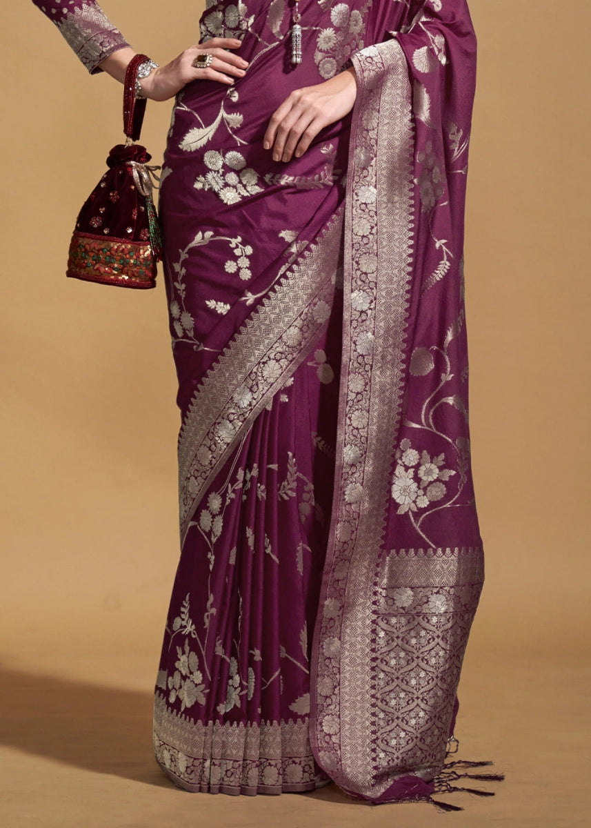 Jam Purple Georgette Silk Saree Embellished with Floral Zari Work - House of Sarvati LLC