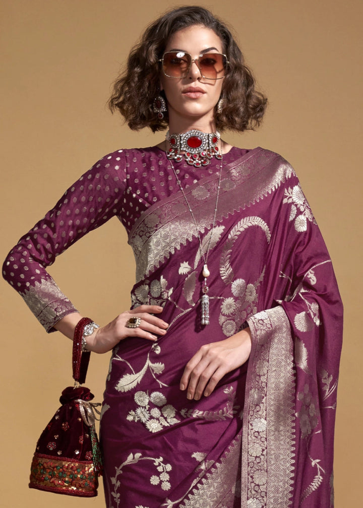Jam Purple Georgette Silk Saree Embellished with Floral Zari Work - House of Sarvati LLC