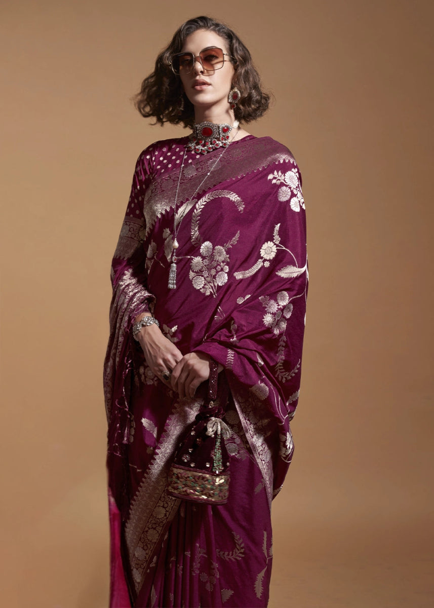 Jam Purple Georgette Silk Saree Embellished with Floral Zari Work - House of Sarvati LLC