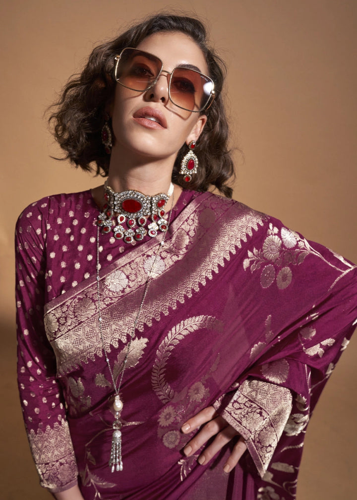 Jam Purple Georgette Silk Saree Embellished with Floral Zari Work - House of Sarvati LLC