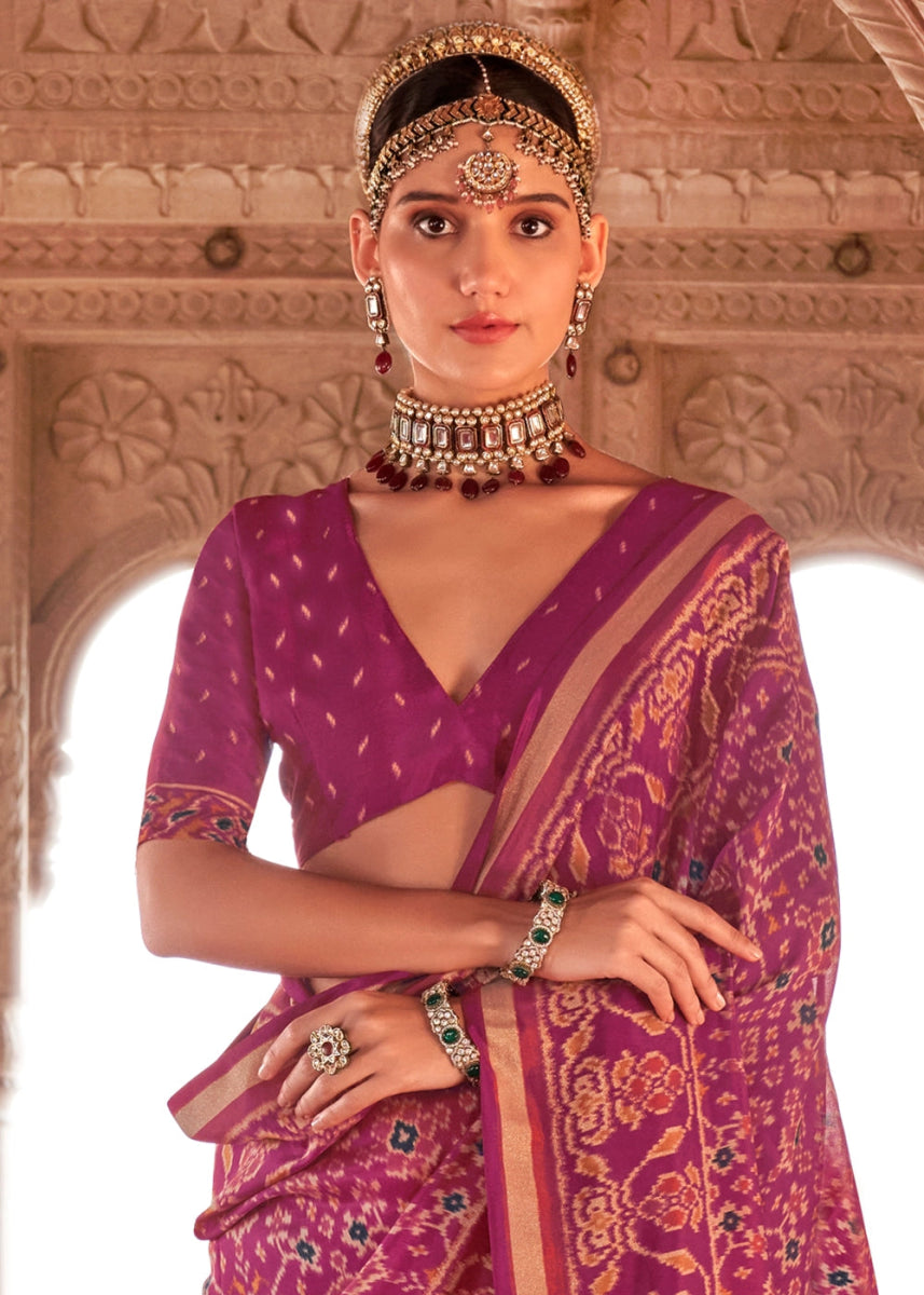 Jam Purple Georgette Silk Saree with Ethnic Patola Print - House of Sarvati LLC
