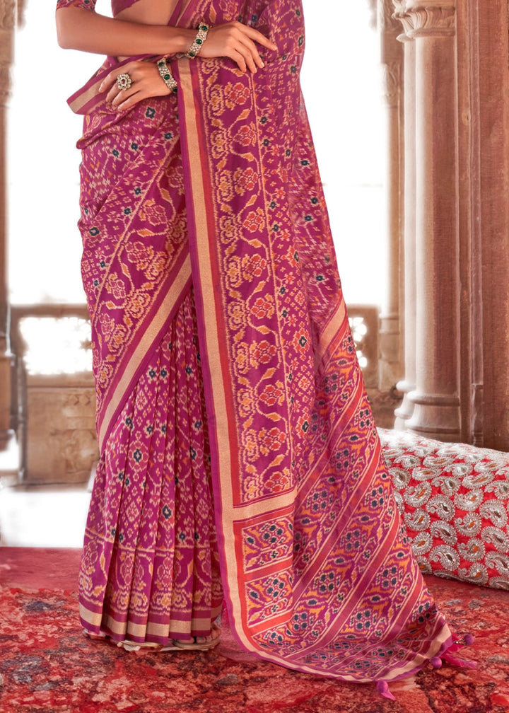 Jam Purple Georgette Silk Saree with Ethnic Patola Print - House of Sarvati LLC