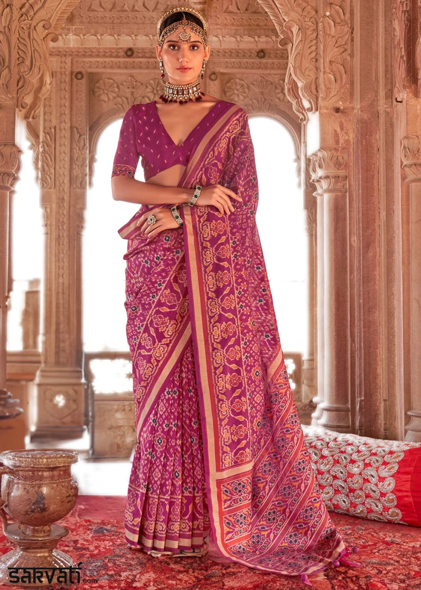 Jam Purple Georgette Silk Saree with Ethnic Patola Print - House of Sarvati LLC