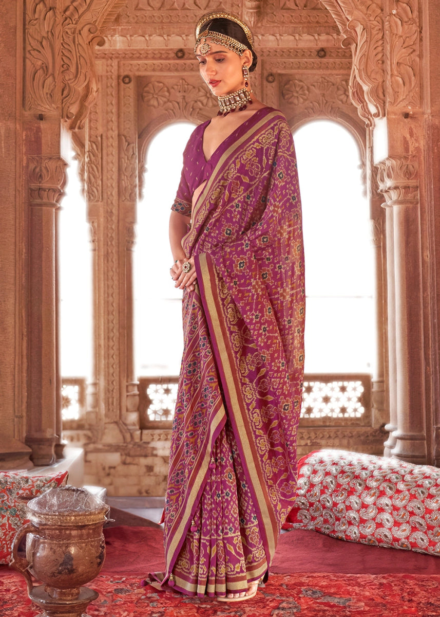 Jam Purple Georgette Silk Saree with Ethnic Patola Print - House of Sarvati LLC