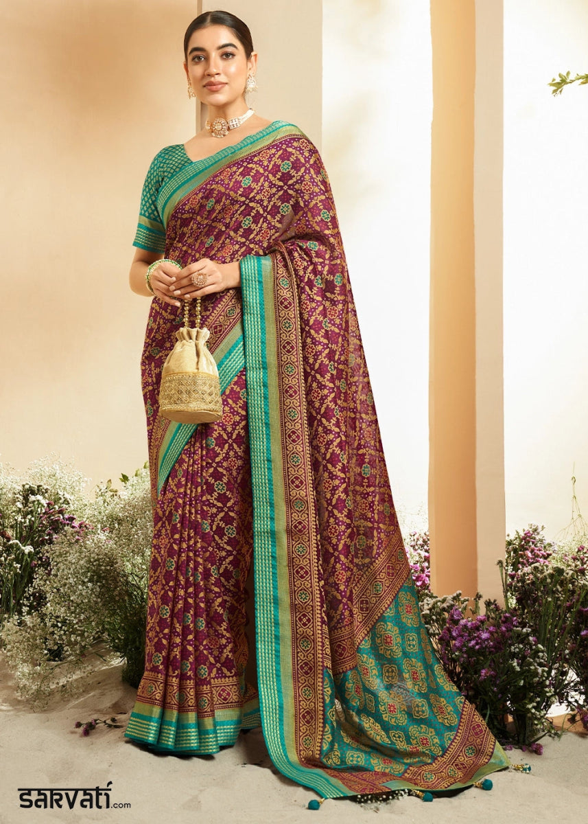 Jam Purple Patola Printed Georgette Silk Saree - House of Sarvati LLC