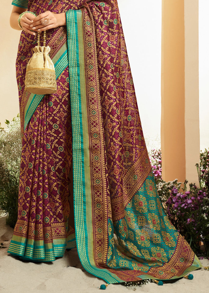 Jam Purple Patola Printed Georgette Silk Saree - House of Sarvati LLC