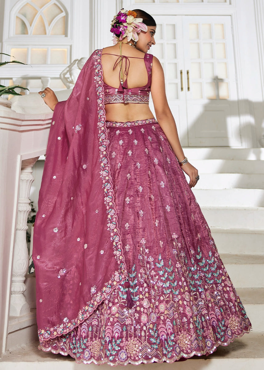 Jam Purple Tissue Lehenga Choli with Elegant Floral Embroidery - House of Sarvati LLC