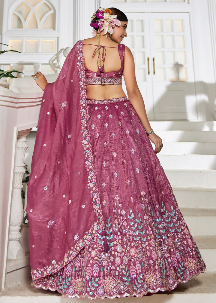 Jam Purple Tissue Lehenga Choli with Elegant Floral Embroidery - House of Sarvati LLC