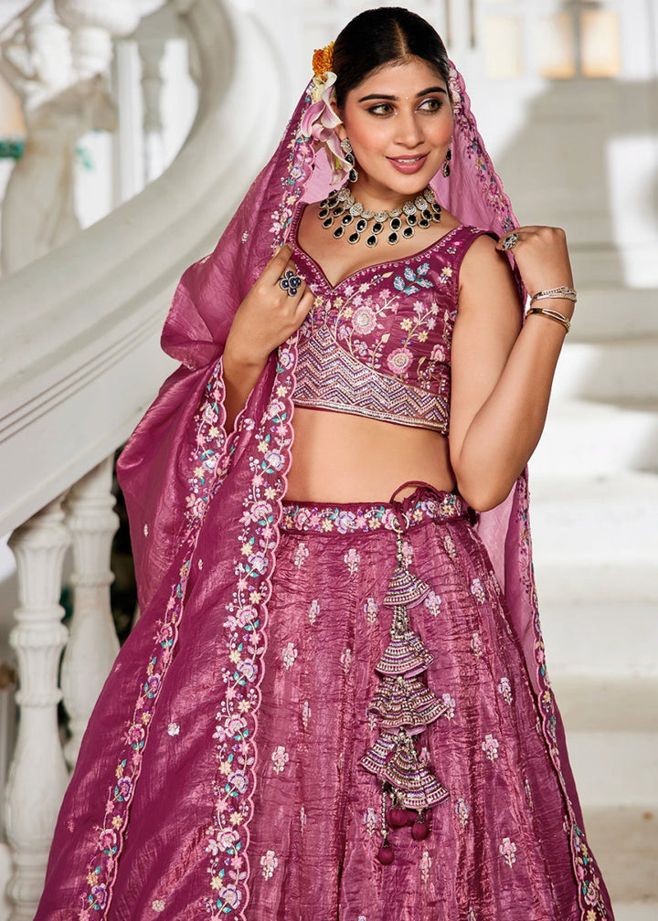 Jam Purple Tissue Lehenga Choli with Elegant Floral Embroidery - House of Sarvati LLC