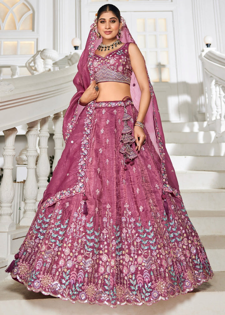 Jam Purple Tissue Lehenga Choli with Elegant Floral Embroidery - House of Sarvati LLC