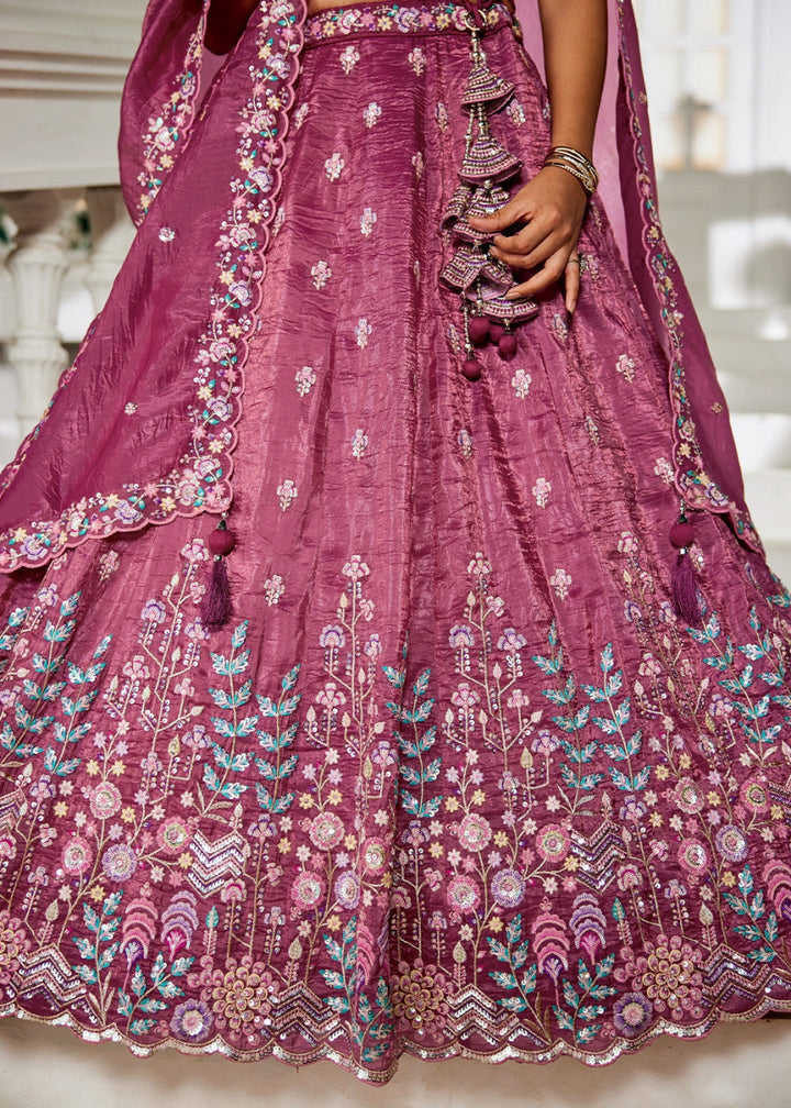 Jam Purple Tissue Lehenga Choli with Elegant Floral Embroidery - House of Sarvati LLC