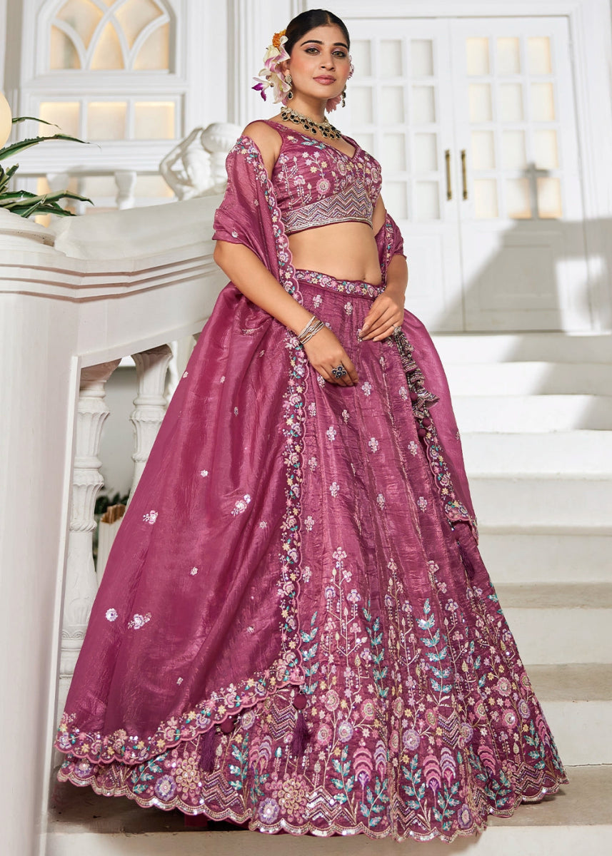 Jam Purple Tissue Lehenga Choli with Elegant Floral Embroidery - House of Sarvati LLC